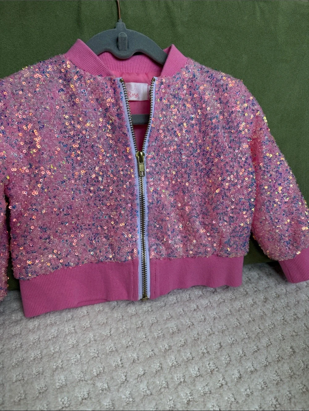 Toddler Sequin Pink Bomber Jacket with Ribbed Trim